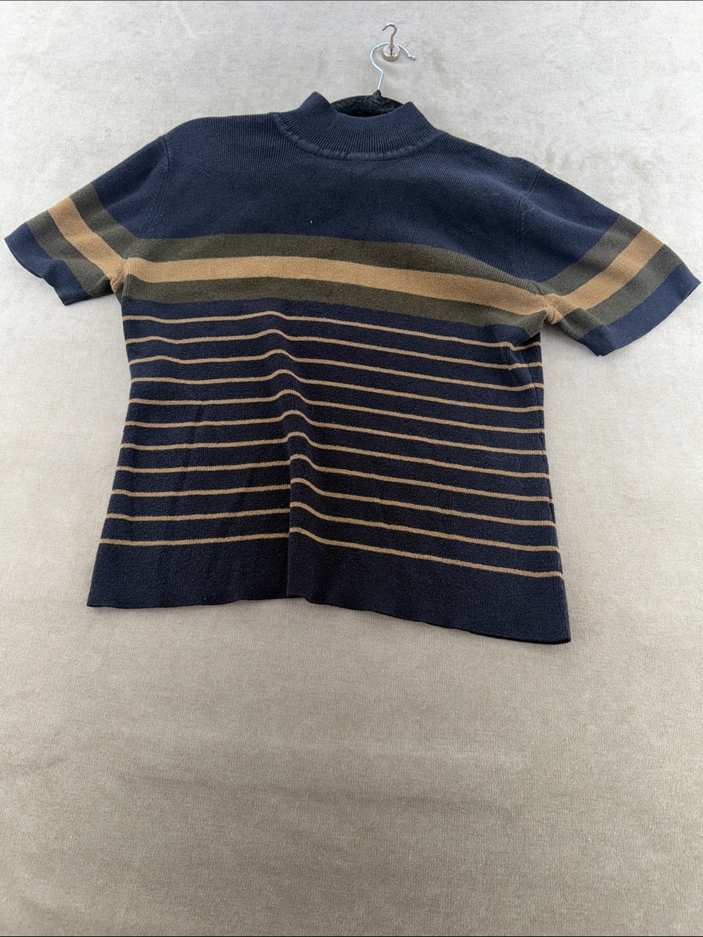 cleo Navy & Brown Striped Short-Sleeve Mock Neck Sweater